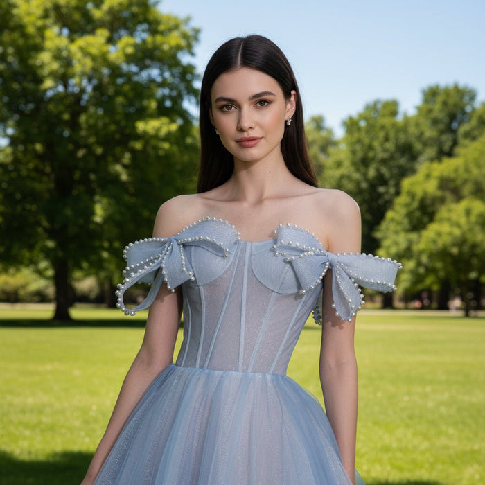 Off the Shoulder A-line Baby Blue Prom Gown Party Dress with Bowknot - Rosymae