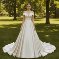 Off the Shoulder A-line Champagne Satin Wedding Dress with V Neck - Rosymae