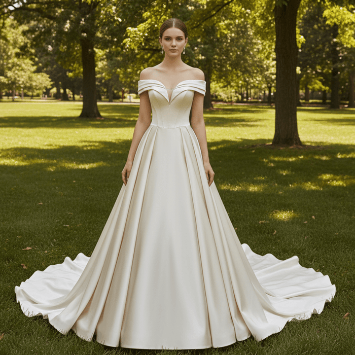 Off the Shoulder A-line Champagne Satin Wedding Dress with V Neck - Rosymae