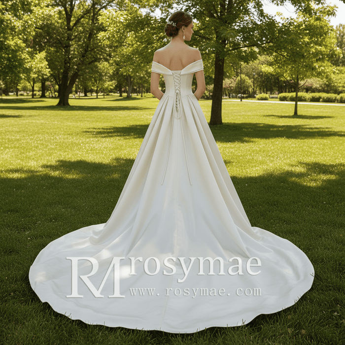 Off the Shoulder A-line Champagne Satin Wedding Dress with V Neck - Rosymae