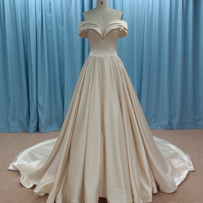 Off the Shoulder A-line Champagne Satin Wedding Dress with V Neck - Rosymae