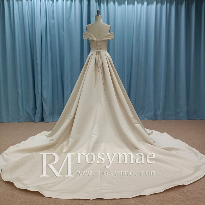 Off the Shoulder A-line Champagne Satin Wedding Dress with V Neck - Rosymae