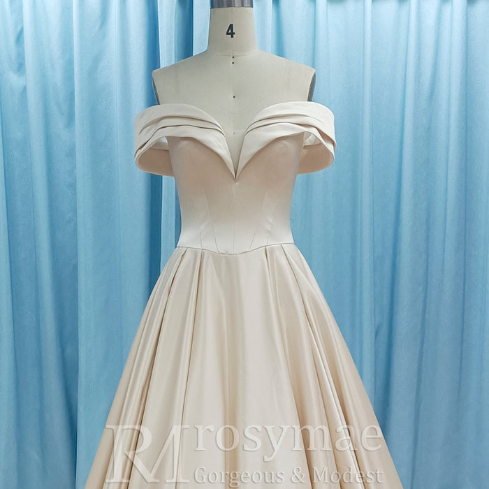 Off the Shoulder A-line Champagne Satin Wedding Dress with V Neck - Rosymae
