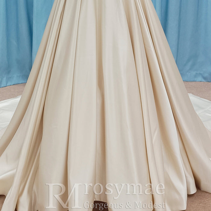 Off the Shoulder A-line Champagne Satin Wedding Dress with V Neck - Rosymae