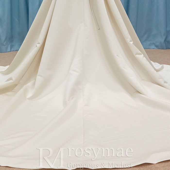 Off the Shoulder A-line Champagne Satin Wedding Dress with V Neck - Rosymae