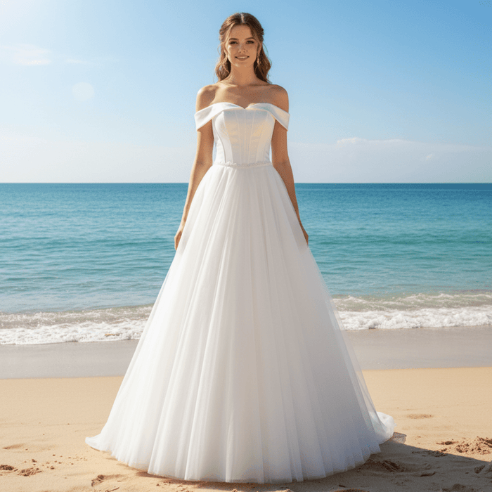 Off-The-Shoulder A-Line Ruched Country Wedding Dress - Rosymae
