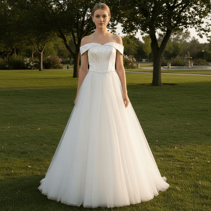 Off-The-Shoulder A-Line Ruched Country Wedding Dress - Rosymae