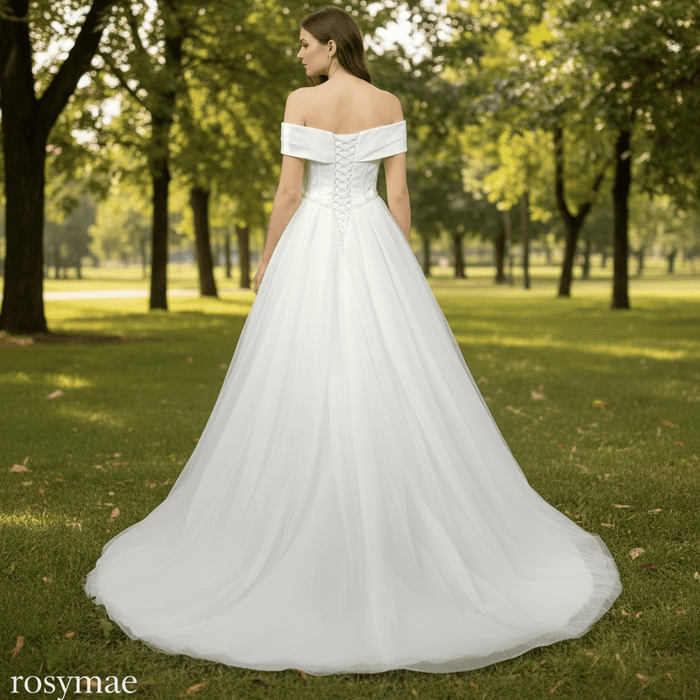 Off-The-Shoulder A-Line Ruched Country Wedding Dress - Rosymae