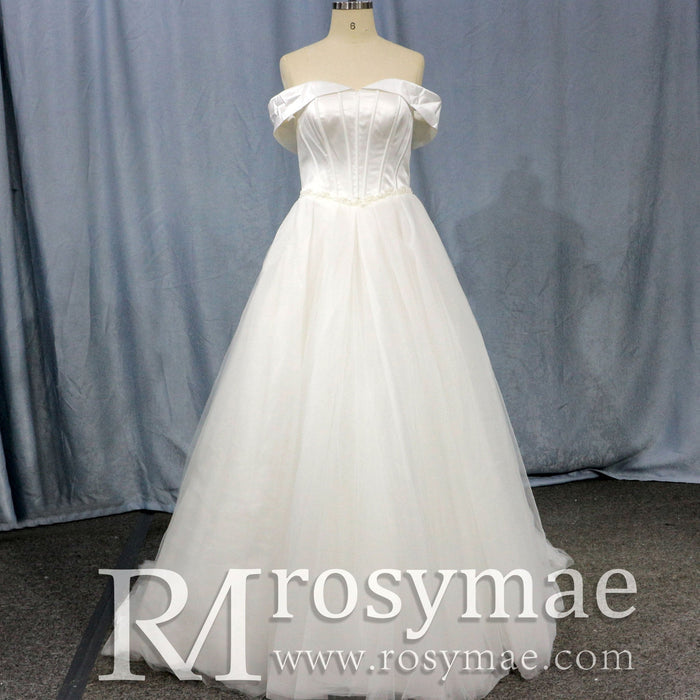Off-The-Shoulder A-Line Ruched Country Wedding Dress - Rosymae