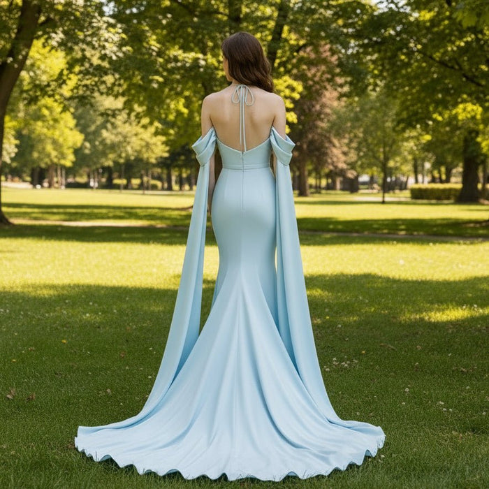 Off the Shoulder Baby Blue Soft Satin Formal Prom Party Dress with Cape - Rosymae