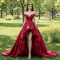 Off the Shoulder High Low Red Wedding Dress with V Neckline - Rosymae