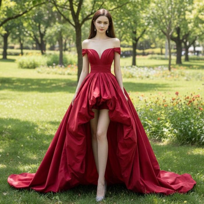 Off the Shoulder High Low Red Wedding Dress with V Neckline - Rosymae