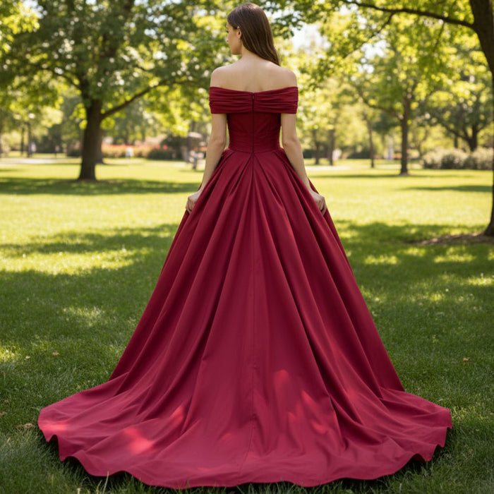 Off the Shoulder High Low Red Wedding Dress with V Neckline - Rosymae