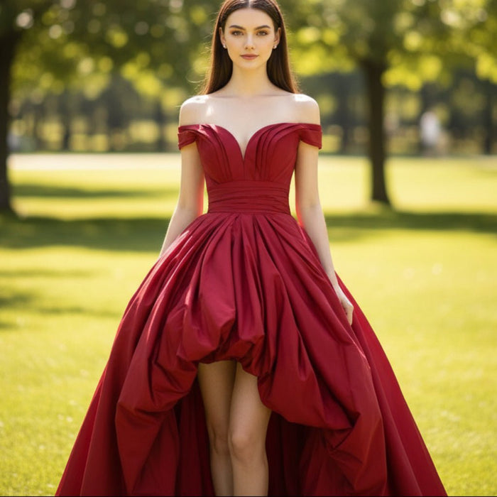 Off the Shoulder High Low Red Wedding Dress with V Neckline - Rosymae