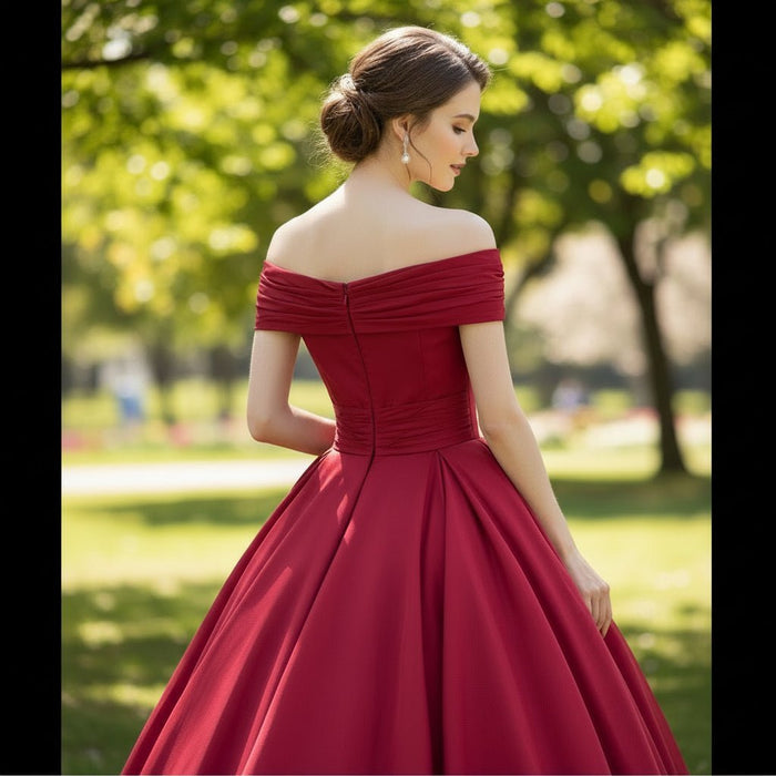 Off the Shoulder High Low Red Wedding Dress with V Neckline - Rosymae