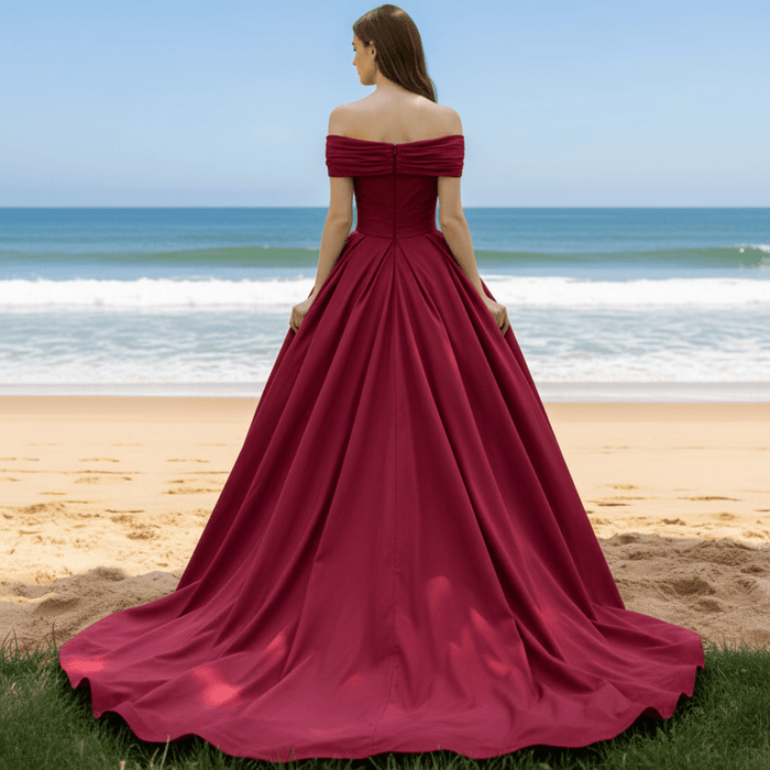 Off the Shoulder High Low Red Wedding Dress with V Neckline - Rosymae