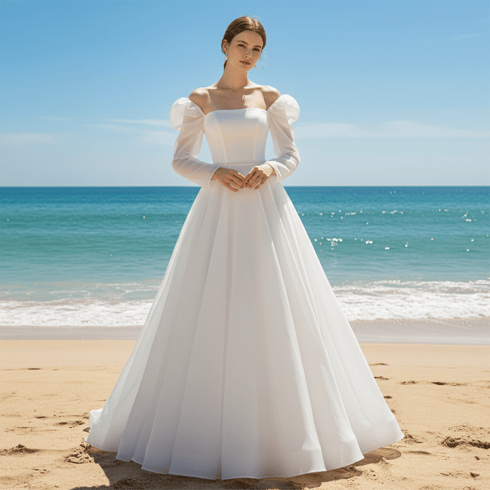 Off-The-Shoulder Long Lantern Sleeve Tulle Wedding Dress - Rosymae
