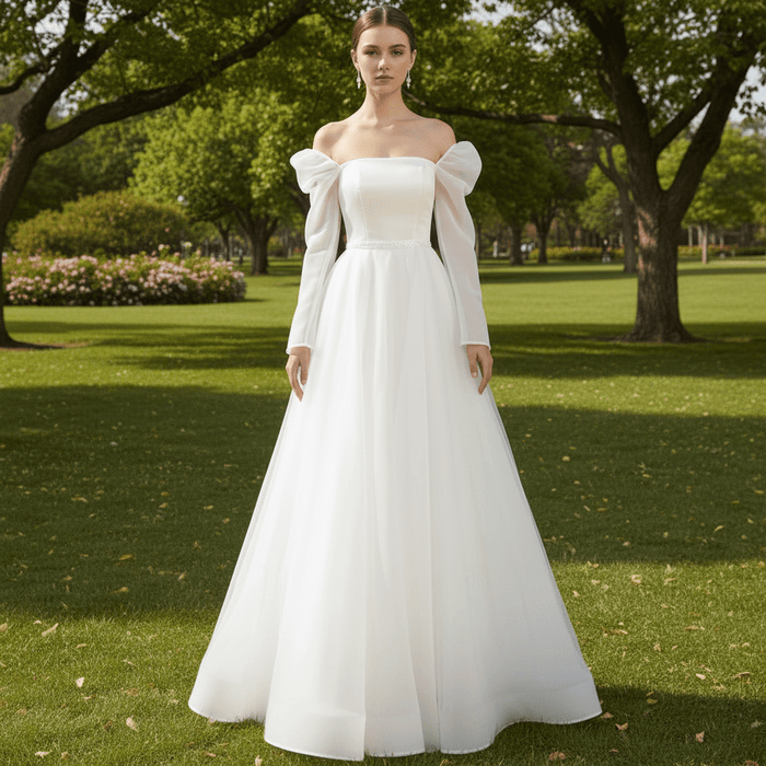Off-The-Shoulder Long Lantern Sleeve Tulle Wedding Dress - Rosymae