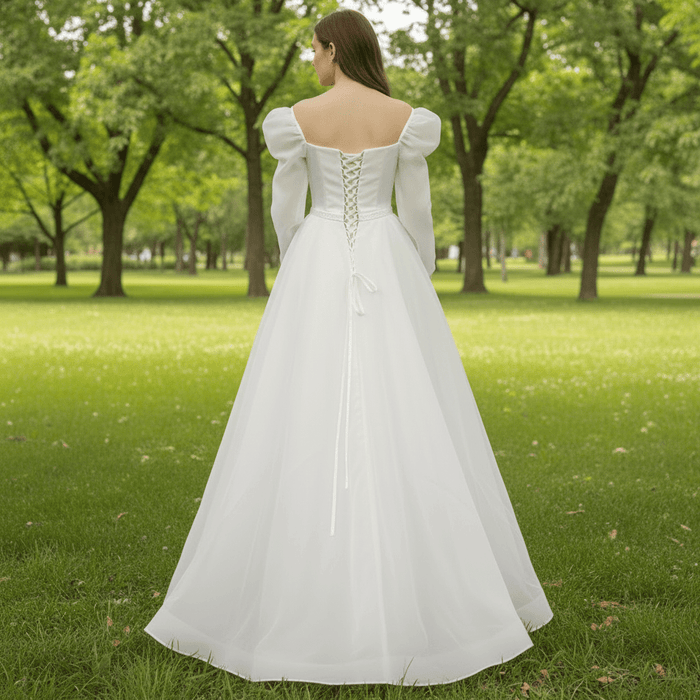 Off-The-Shoulder Long Lantern Sleeve Tulle Wedding Dress - Rosymae