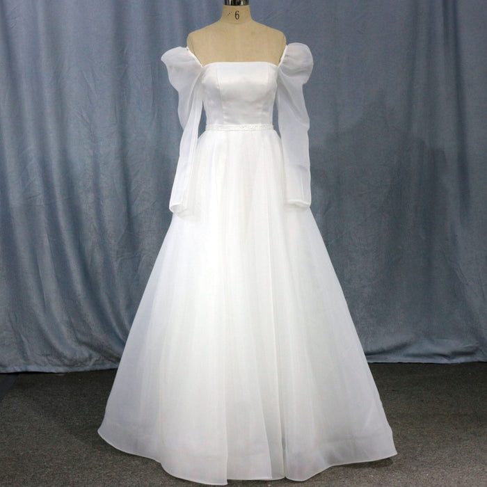 Off-The-Shoulder Long Lantern Sleeve Tulle Wedding Dress - Rosymae