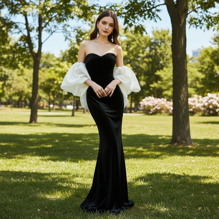 Off the Shoulder Mermaid Velvet Black White Wedding Dresses - Rosymae