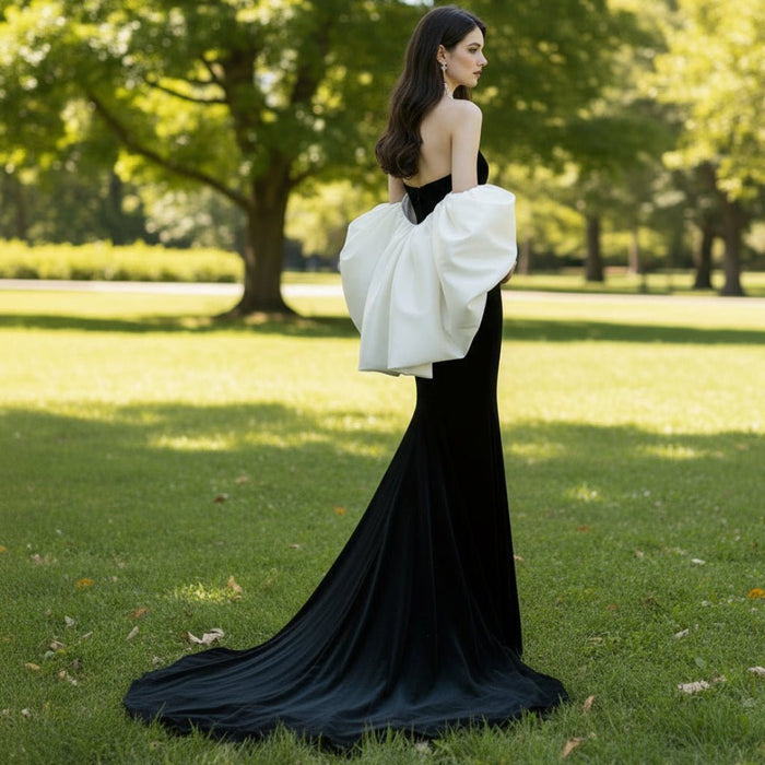 Off the Shoulder Mermaid Velvet Black White Wedding Dresses - Rosymae