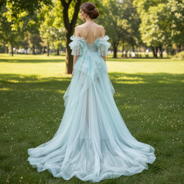 Off-The-Shoulder Mini Wedding Dress Above Knee with Train - Rosymae
