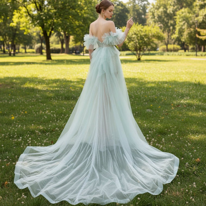 Off-The-Shoulder Mini Wedding Dress Above Knee with Train - Rosymae