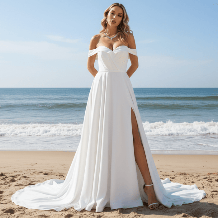 Off the Shoulder Pleated Bodice A-line Wedding Dress with V-Neck and Slit - Rosymae