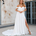 Off the Shoulder Pleated Bodice A-line Wedding Dress with V-Neck and Slit - Rosymae