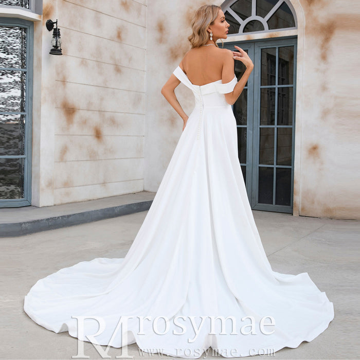 Off the Shoulder Pleated Bodice A-line Wedding Dress with V-Neck and Slit - Rosymae