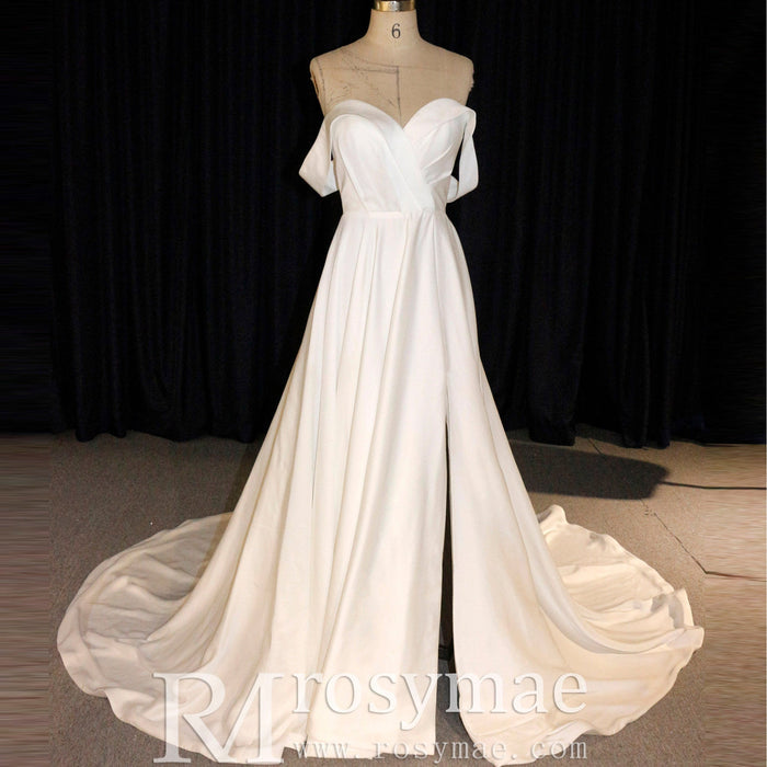 Off the Shoulder Pleated Bodice A-line Wedding Dress with V-Neck and Slit - Rosymae