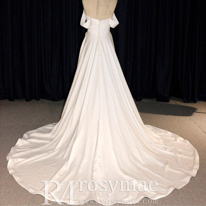 Off the Shoulder Pleated Bodice A-line Wedding Dress with V-Neck and Slit - Rosymae