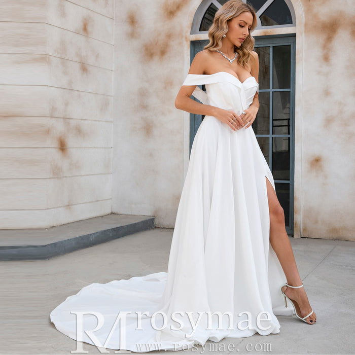 Off the Shoulder Pleated Bodice A-line Wedding Dress with V-Neck and Slit - Rosymae