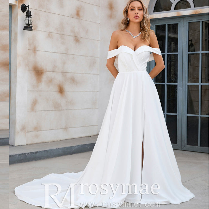 Off the Shoulder Pleated Bodice A-line Wedding Dress with V-Neck and Slit - Rosymae
