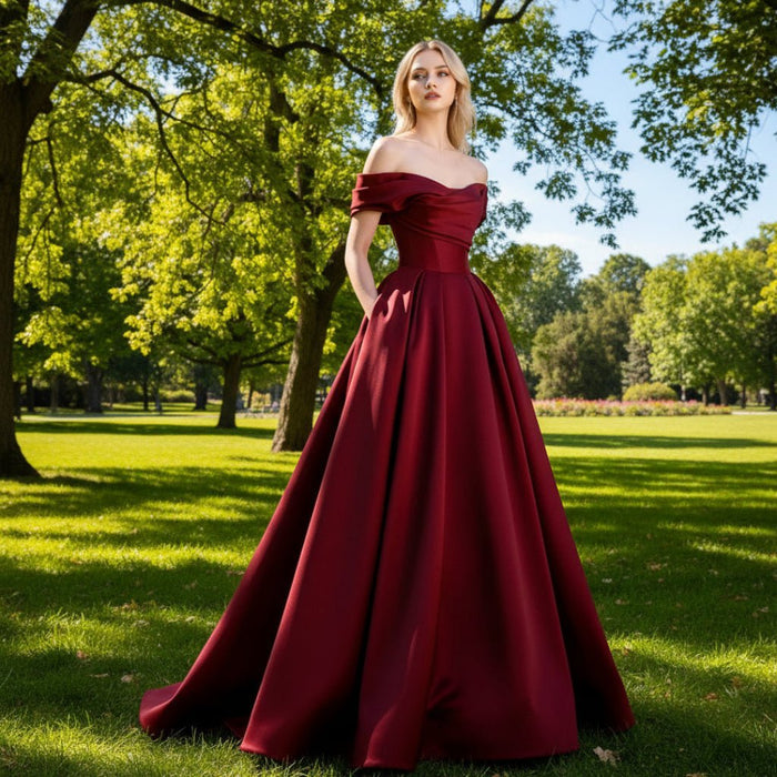 Off the Shoulder Satin A-line Formal Dress Prom Gown - Rosymae