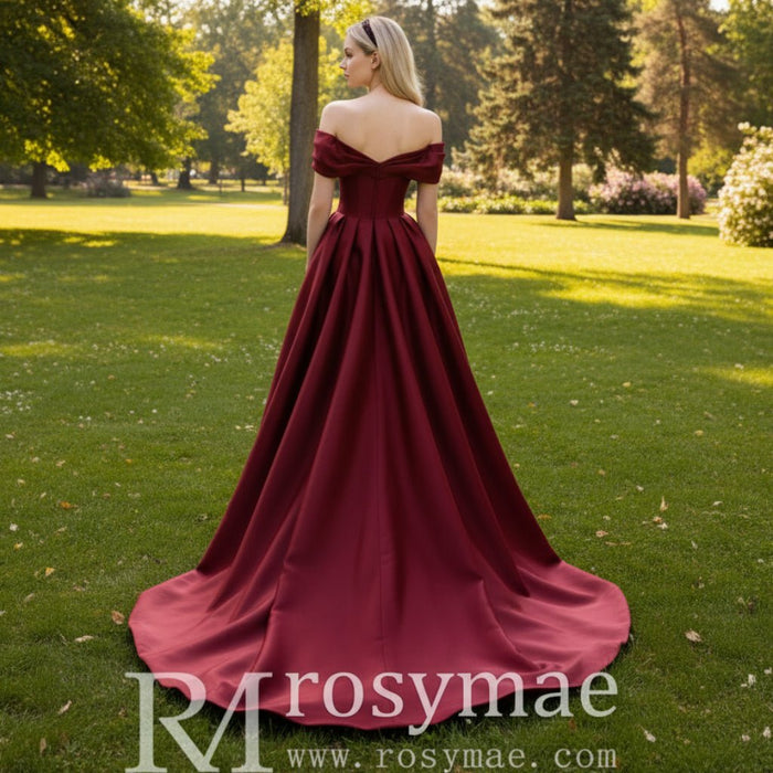 Off the Shoulder Satin A-line Formal Dress Prom Gown - Rosymae