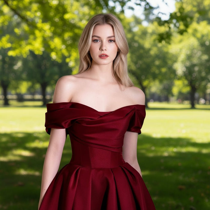 Off the Shoulder Satin A-line Formal Dress Prom Gown - Rosymae