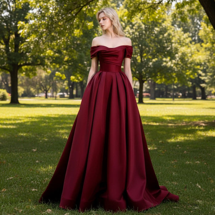 Off the Shoulder Satin A-line Formal Dress Prom Gown - Rosymae