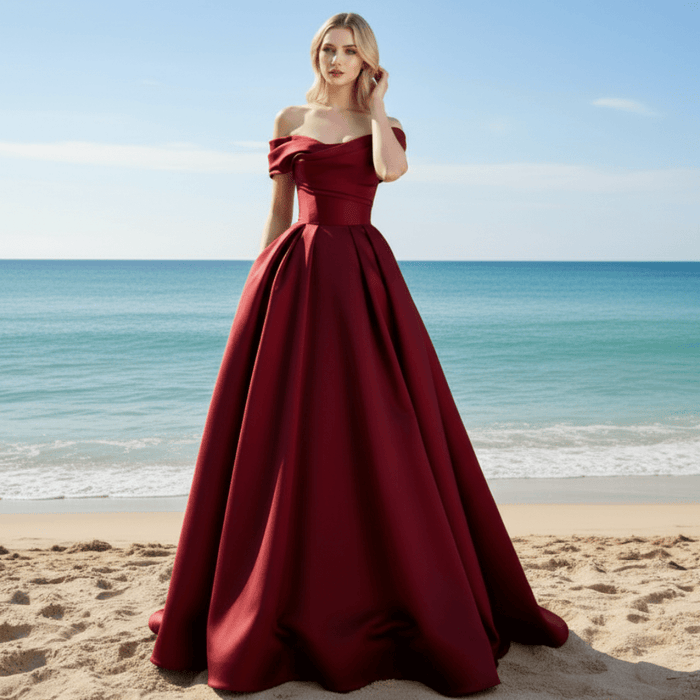 Off the Shoulder Satin A-line Formal Dress Prom Gown - Rosymae