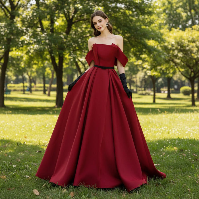 Off the Shoulder Satin Brown Wedding Dress Party Gowns - Rosymae