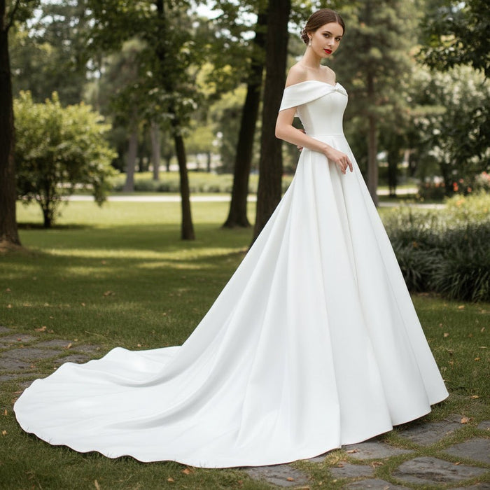 Off the Shoulder Satin Simple Elegant Wedding Dresses - Rosymae