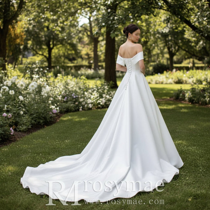 Off the Shoulder Satin Simple Elegant Wedding Dresses - Rosymae
