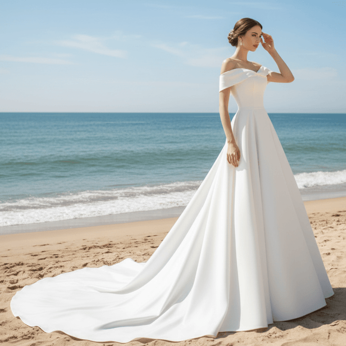 Off the Shoulder Satin Simple Elegant Wedding Dresses - Rosymae