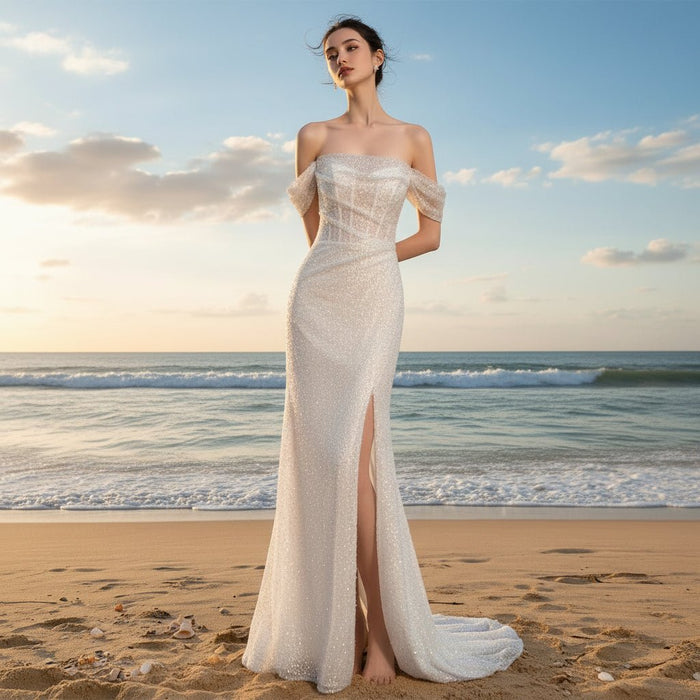 Off the Shoulder Sparkle Wedding Dress with Leg Slit - Rosymae