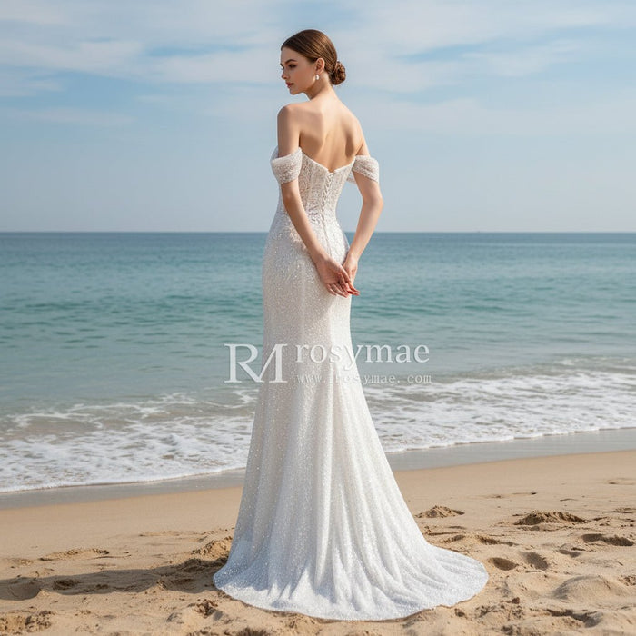 Off the Shoulder Sparkle Wedding Dress with Leg Slit - Rosymae