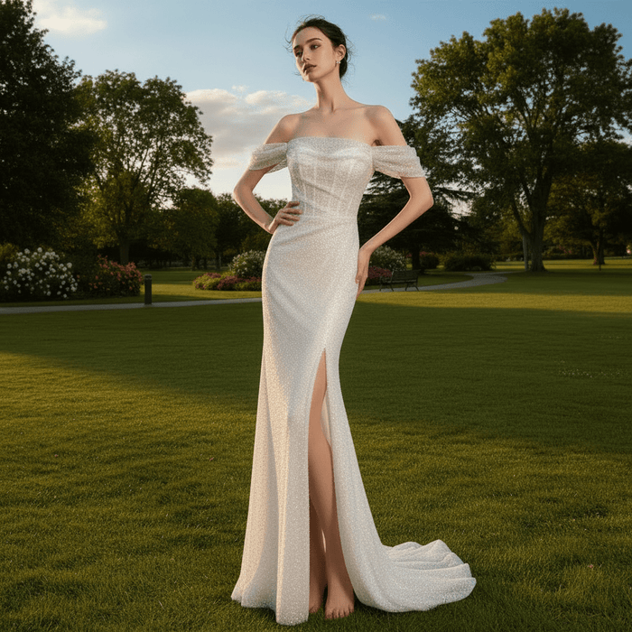 Off the Shoulder Sparkle Wedding Dress with Leg Slit - Rosymae