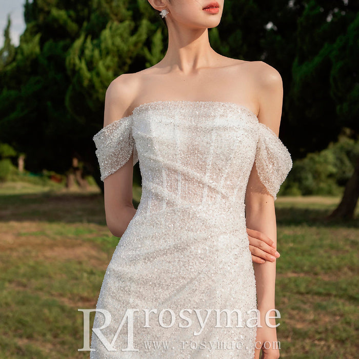 Off the Shoulder Sparkle Wedding Dress with Leg Slit - Rosymae