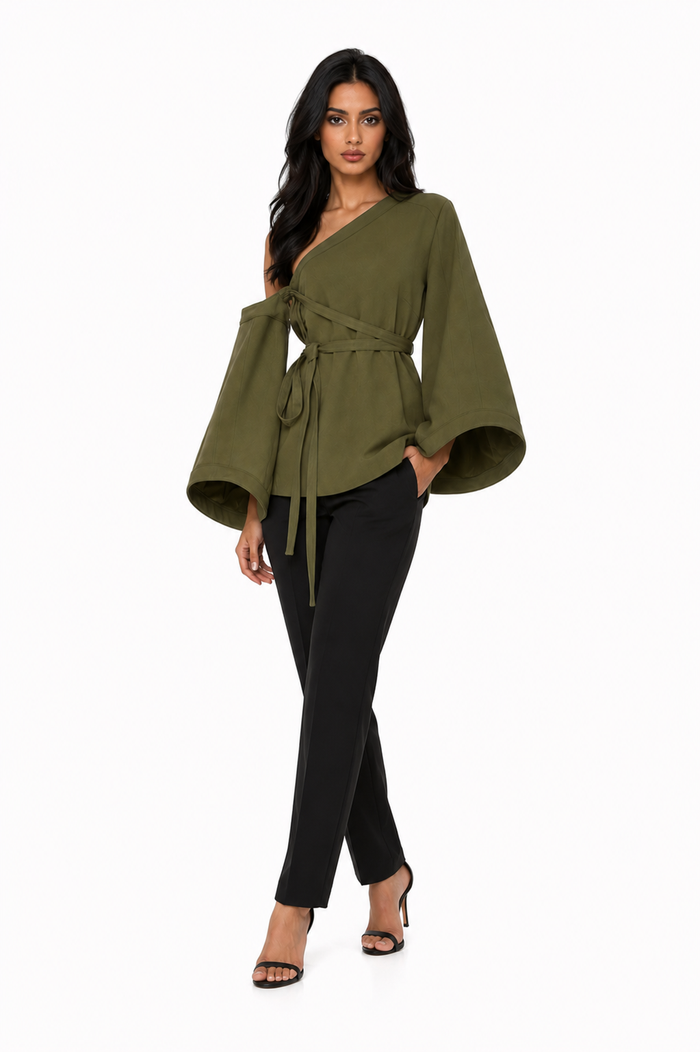 Olive One-Shoulder Wrap Top – Sage
