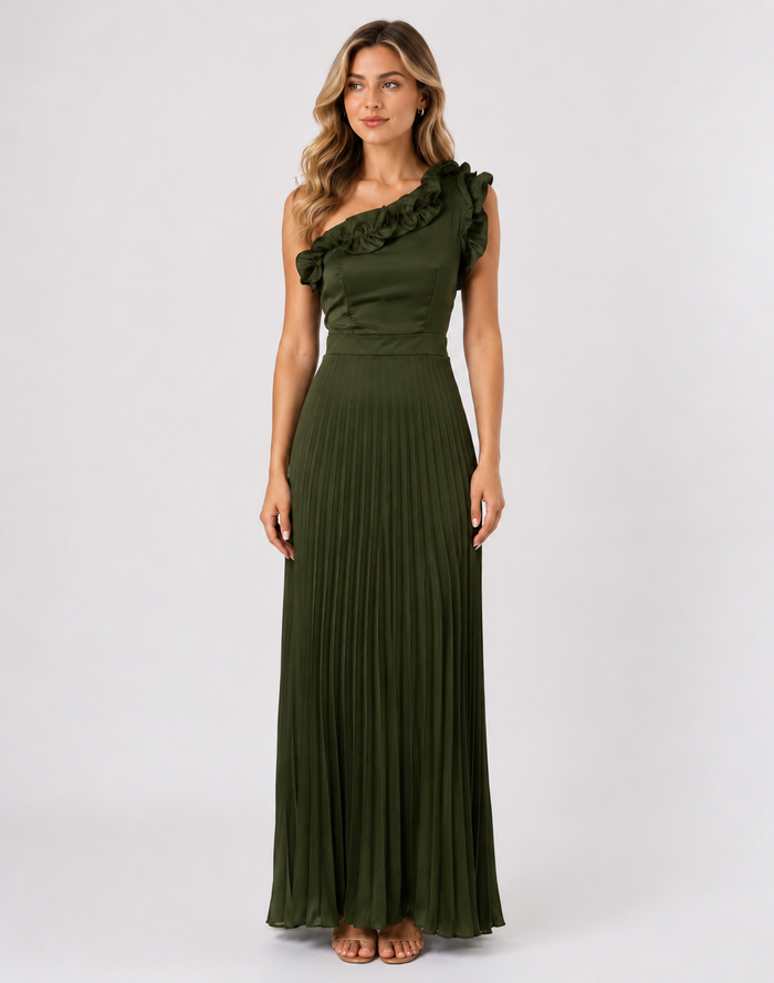 Olive Ruffle One-Shoulder Pleated Maxi Dress — Verdure